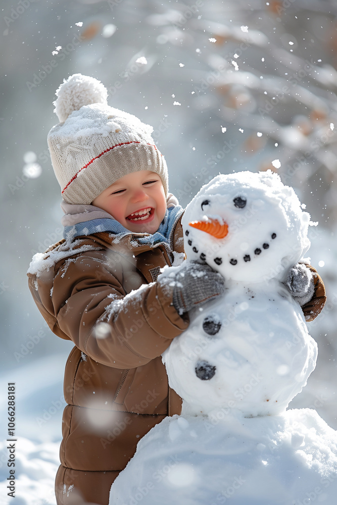 Joyful child building a snowman in a winter wonderland of snow Joyful child building a snowman in a winter wonderland of snow