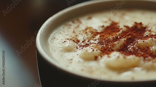 A close-up of a bowl of rice pudding topped with cinnamon.