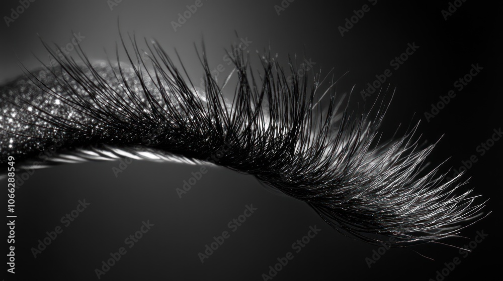 Obraz premium A close-up of a long, thick, and dark eyelash with a glitter eyeshadow.