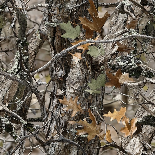 Oak Tree Bark Oak Leaves Hunting Camo Pattern, Seamless Camouflage Foliage Texture
