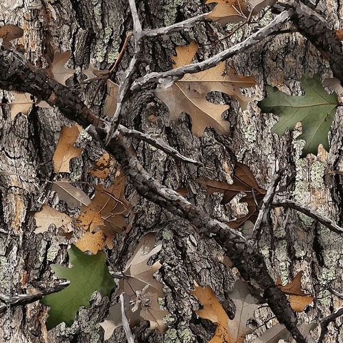 Oak Tree Bark Oak Leaves Hunting Camo Pattern, Seamless Camouflage Foliage Texture