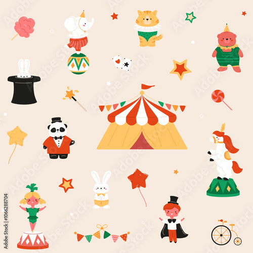 Circus seamless pattern with cute baby animals, kids and decorative elements. Carnival background, celebrate show, party vector illustration. Children fairground. Magic vector illustration.