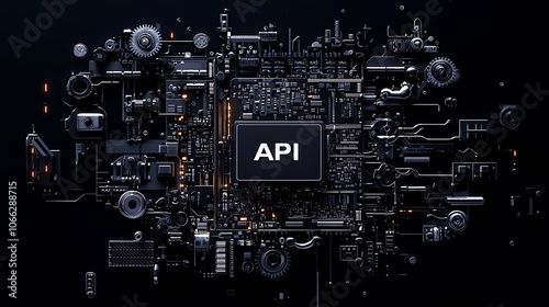 A digital circuit board with the acronym "API" prominently displayed, symbolizing technology and connectivity in modern applications.