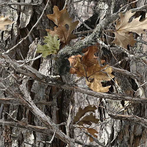 Oak Tree Bark Oak Leaves Hunting Camo Pattern, Seamless Camouflage Foliage Texture