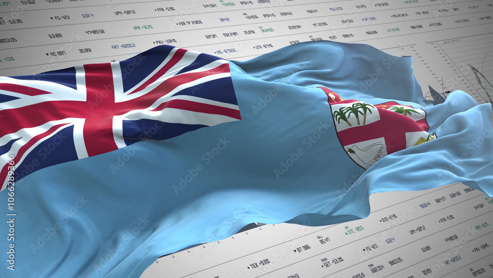 Fototapeta premium Fiji flag - Waving flag on report analytics data statement