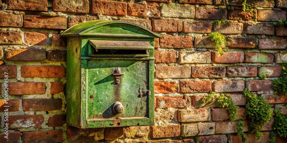 A weathered green mailbox mounted on a brick wall with patches of green vegetation growing along the mortar A weathered green mailbox mounted on a brick wall with patches of green vegetation growing along the mortar
