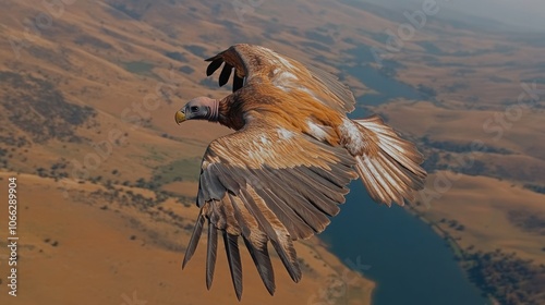 A brown and white vulture soars through the air above a vast, dry landscape, its wings outstretched. photo