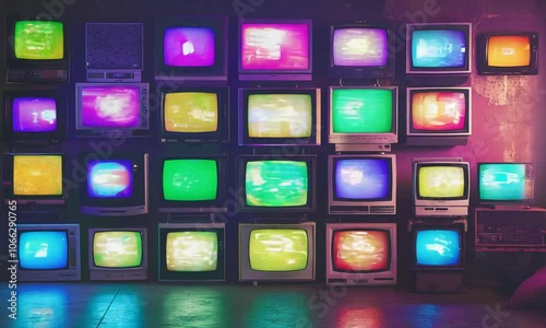 Wall of televisions displaying various colorful broadcasts