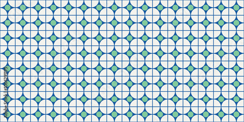 Tessellation tile pattern. Seamless beautiful contemporary Nanyang style pavement texture in vector. Blue, green and cream print and digital wallpaper resource.