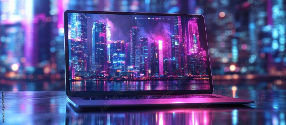 Fototapeta premium Laptop with Cityscape Wallpaper