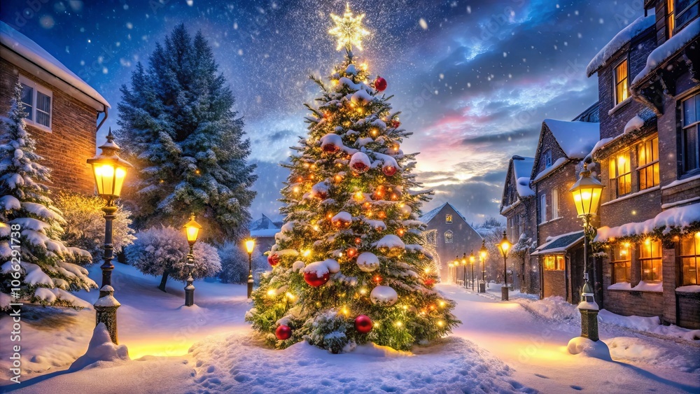 A Festive Winter Scene with a Snow-Covered Village and a Majestic Christmas Tree A Festive Winter Scene with a Snow-Covered Village and a Majestic Christmas Tree