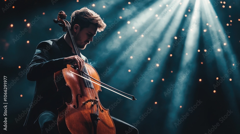 Fototapeta premium Professional cellist performing on stage with dramatic lighting