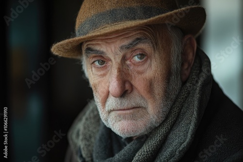 Portrait of a senior man wearing a hat and scarf in winter