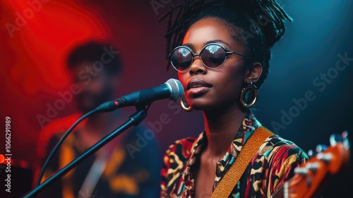 Young female singer performing live with band on stage photo