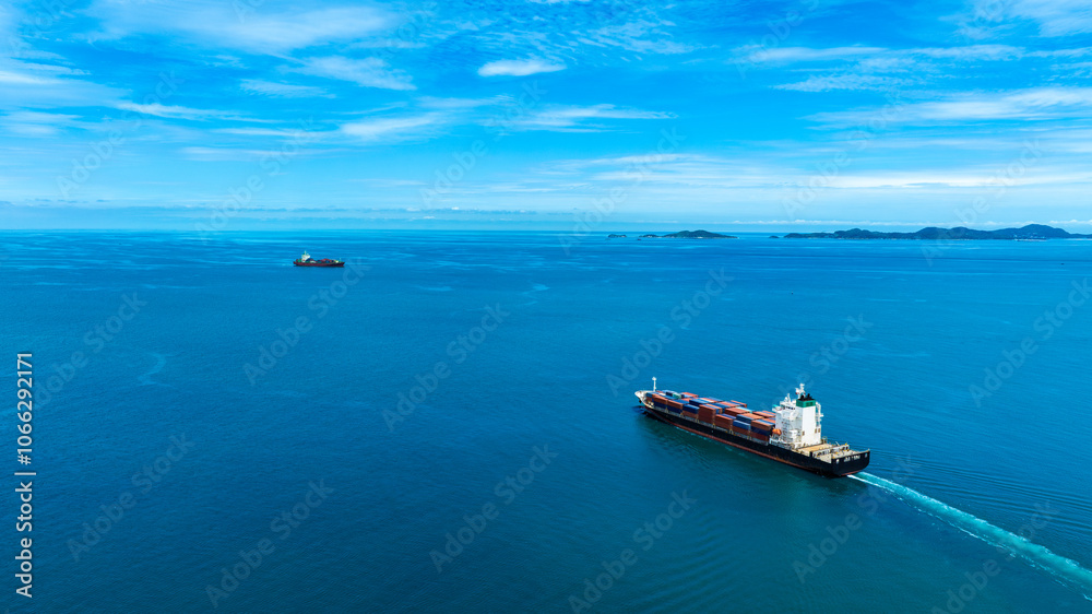 Aerial view of the freight shipping transport system cargo ship container. international transportation Export-import business, logistics, transportation industry concepts Aerial view of the freight shipping transport system cargo ship container. international transportation Export-import business, logistics, transportation industry concepts
