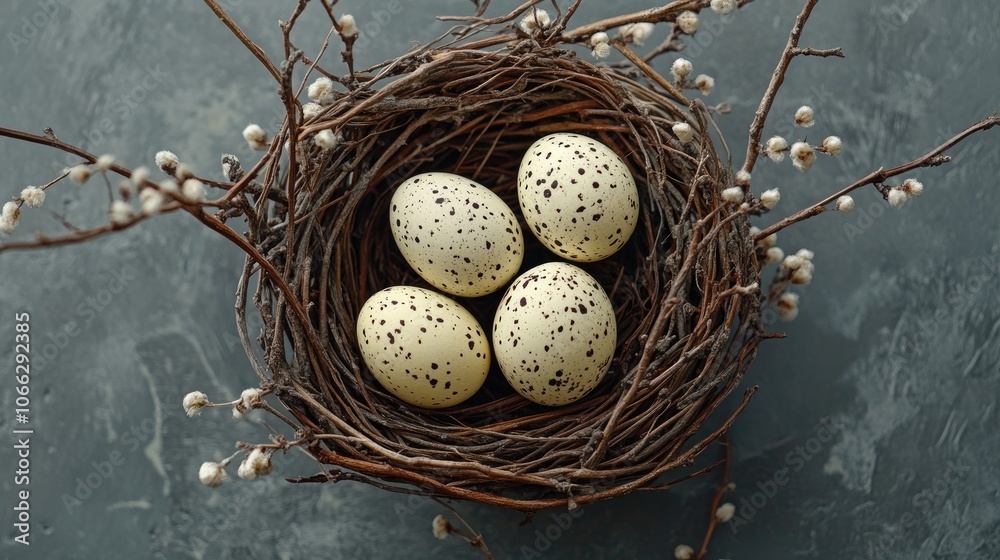 Obraz premium Easter eggs with dark spots lying in a bird nest decorated with pussy willow branches on a gray background