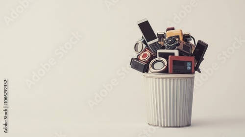 A cluttered trash bin overflowing with various discarded electronic devices and gadgets, showcasing e-waste in a minimalist setting. photo