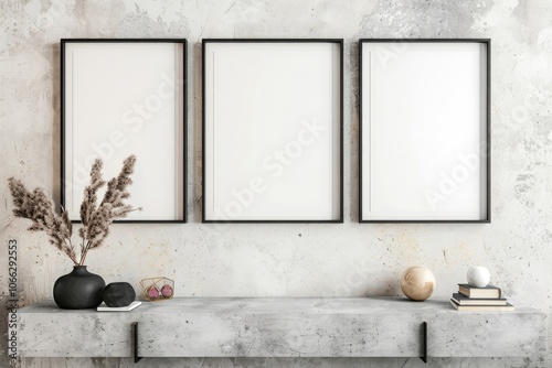 3 empty vertical picture frames on wall, frame is mockup design, frames black color