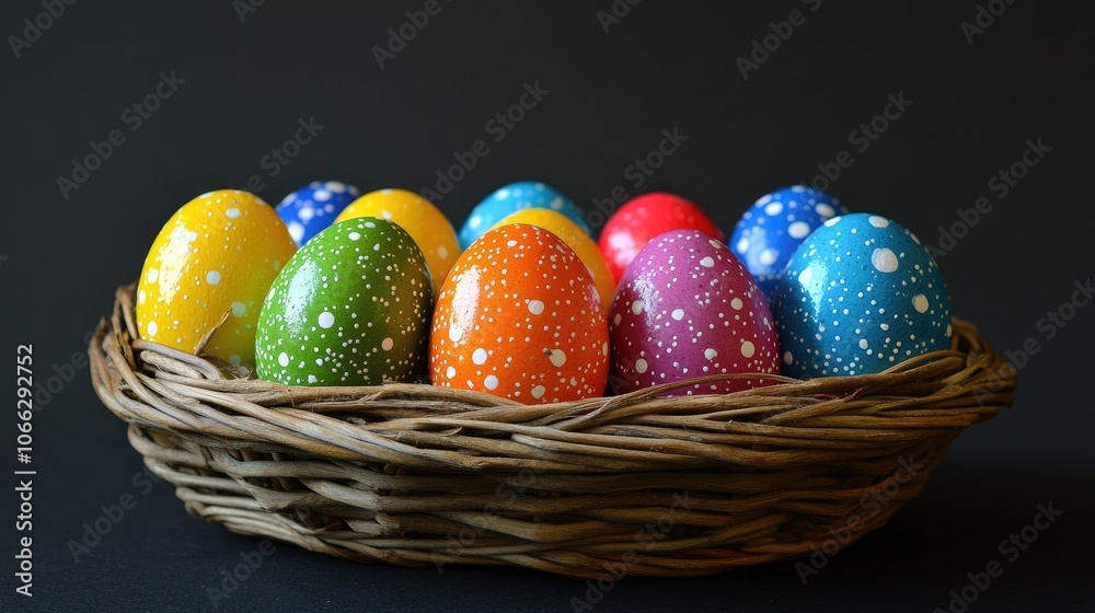 Colorful easter eggs resting in a wicker basket on a dark background Colorful easter eggs resting in a wicker basket on a dark background