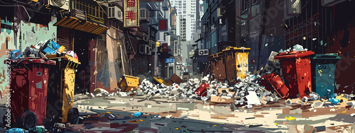 A vivid digital artwork showcasing a cluttered urban alley filled with colorful trash bins and scattered debris, creating a gritty atmosphere.