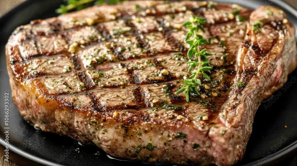 Grilled Steak with Herb Garnish on Black Plate Grilled Steak with Herb Garnish on Black Plate