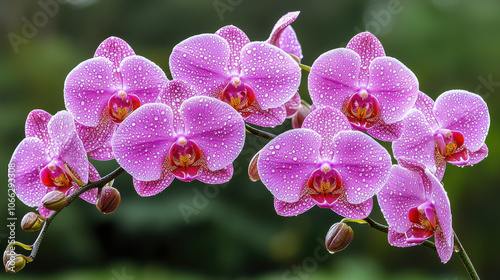 Vibrant pink orchids with dew drops, showcasing nature beauty
