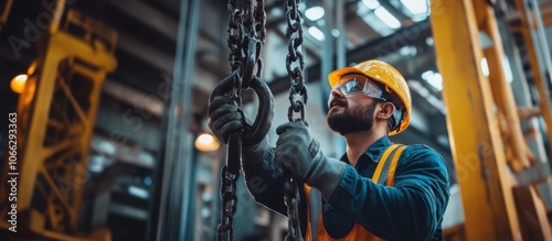 A worker in safety gear operates a chain hoist in an industrial setting, highlighting safety and focus in a construction environment.