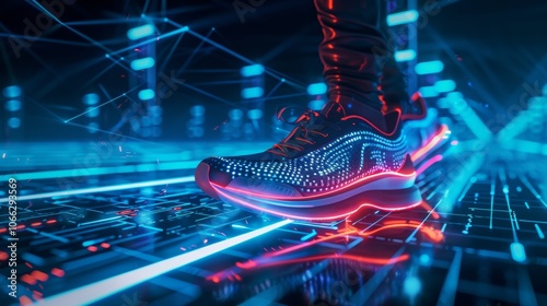 A pair of sleek hightech running shoes that track your speed distance and stride length all wirelessly connected to a 5G network for instant analysis and performance feedback. photo