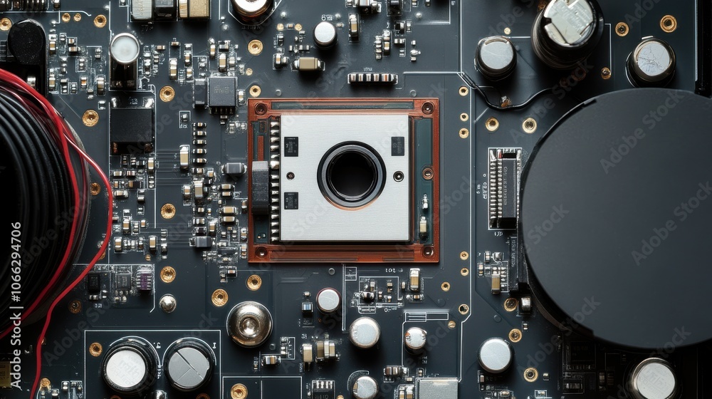 A close-up view of a circuit board featuring various electronic components and a prominent camera sensor in the center. A close-up view of a circuit board featuring various electronic components and a prominent camera sensor in the center.