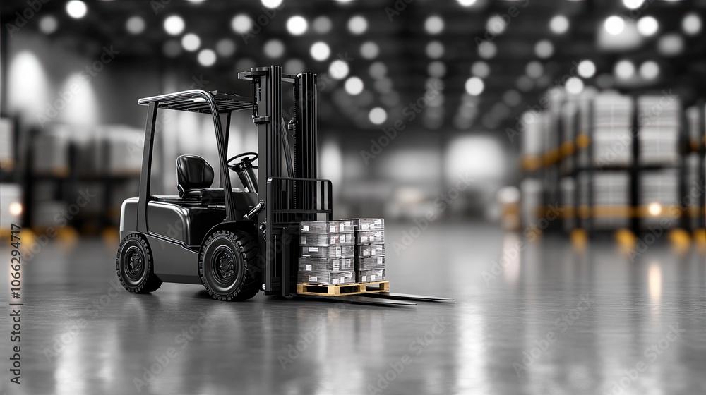 black and white high resolution forklift positioned in warehouse, showcasing its design and functionality in spacious environment. scene conveys sense of industrial efficiency and organization black and white high resolution forklift positioned in warehouse, showcasing its design and functionality in spacious environment. scene conveys sense of industrial efficiency and organization