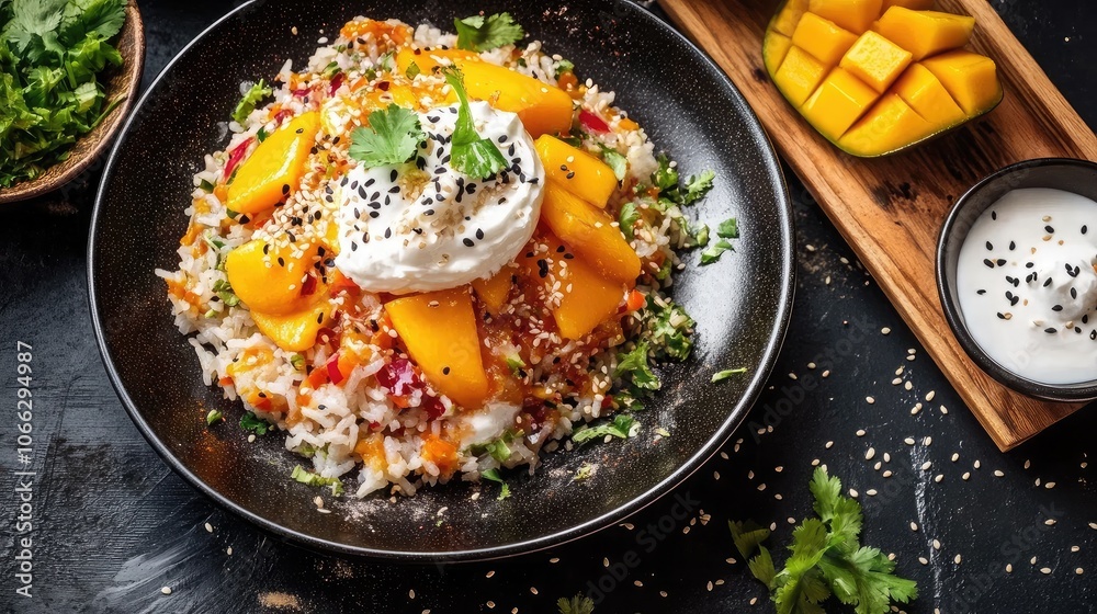 Colorful Mango Salad with Fresh Ingredients on Plate Colorful Mango Salad with Fresh Ingredients on Plate