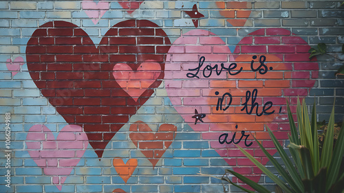 Brick wall with painted hearts in graffiti style.	