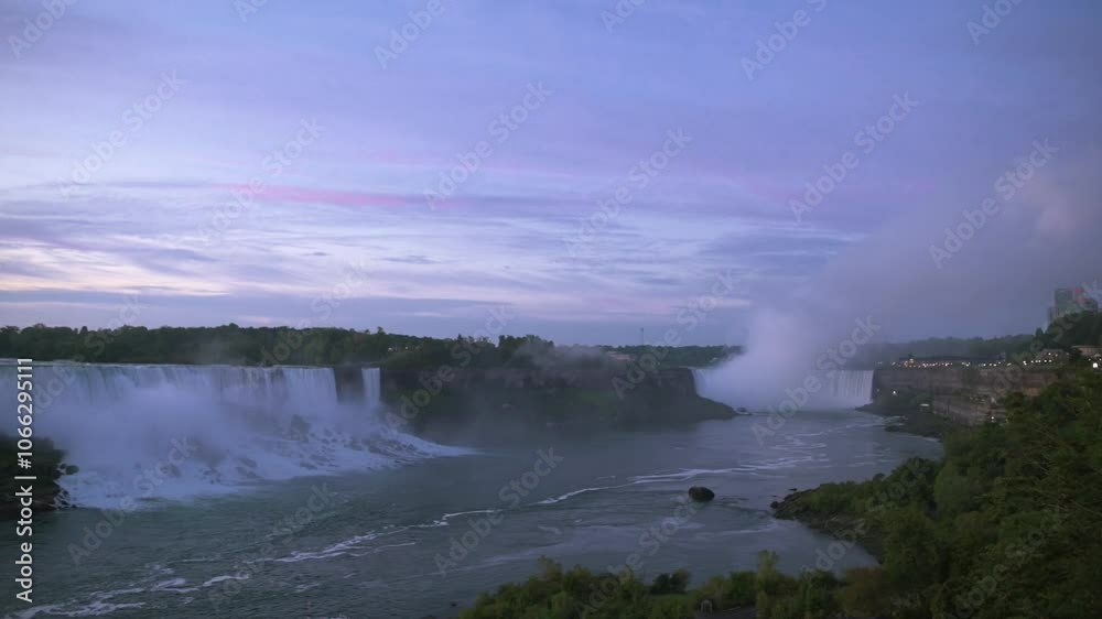 wide-angle view of Niagara Falls and its surroundings, offering scenic perspective on iconic landscape and lush greenery around it. Niagara Falls in morning lights wide-angle view of Niagara Falls and its surroundings, offering scenic perspective on iconic landscape and lush greenery around it. Niagara Falls in morning lights