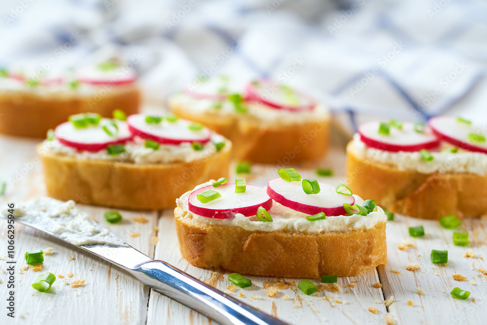 Light healthy diet snacks with crispy baguette , soft cheese and freshly gathered organic radishes and chives. Light healthy diet snacks with crispy baguette , soft cheese and freshly gathered organic radishes and chives.