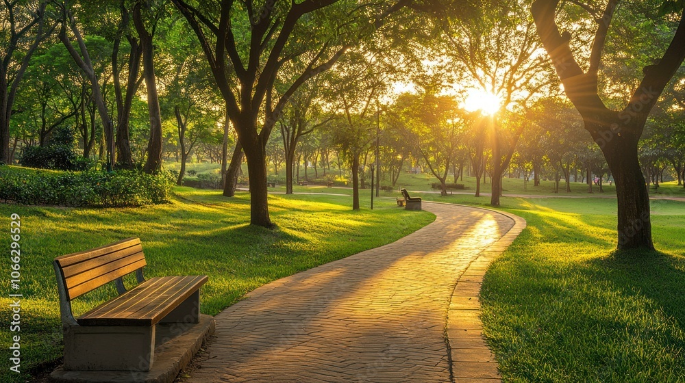 Naklejka premium Serene park at sunset with accessible paths, providing a peaceful space for the elderly and wheelchair users.