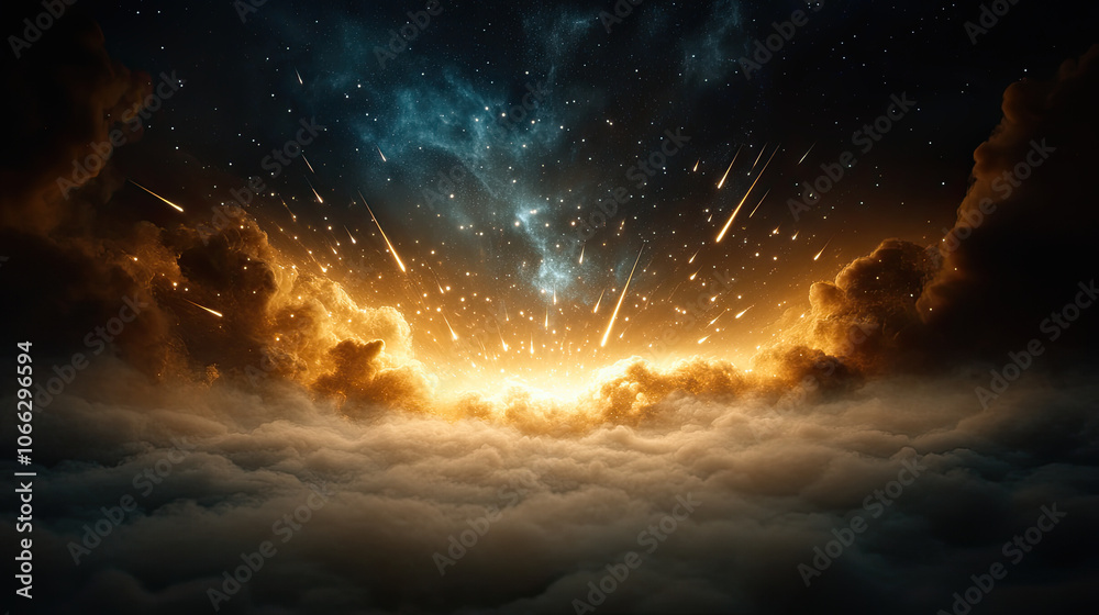 Obraz premium stunning cosmic scene depicting vibrant explosion of light and energy amidst dark clouds and starry sky, evoking sense of wonder and awe