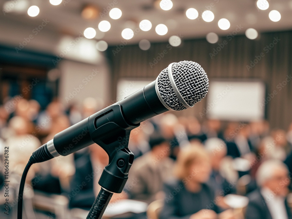 Microphone in concert hall or conference room soft and blur style for background. Microphone over the Abstract blurred photo of conference hall or seminar room background.