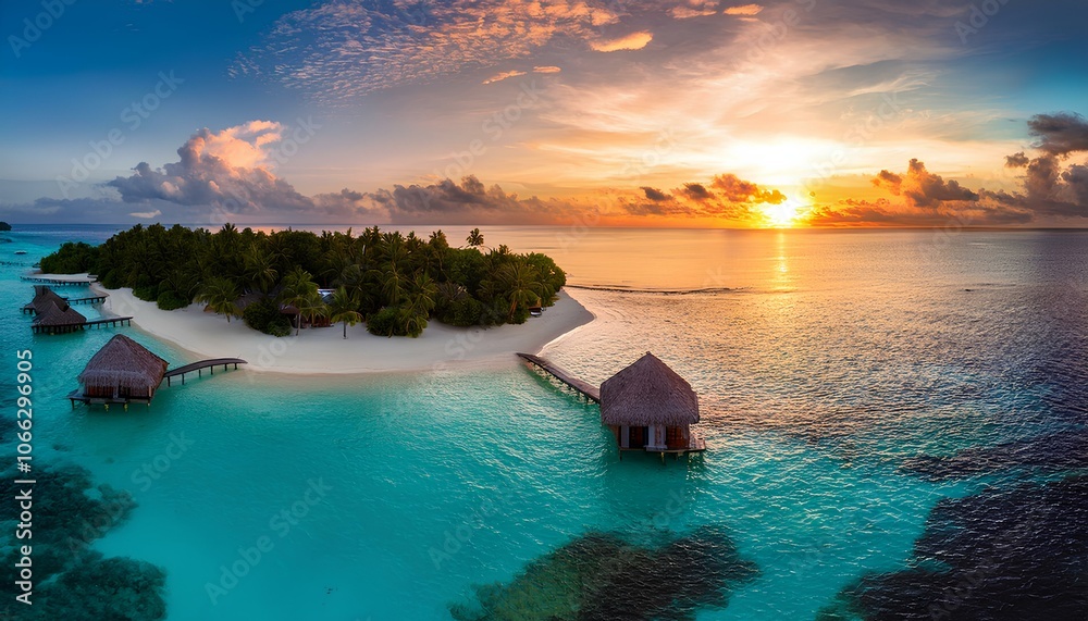 A paradisiacal island with a huts and a breathtaking sunset. A paradisiacal island with a huts and a breathtaking sunset.