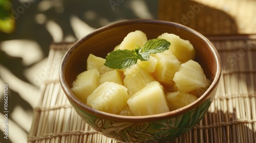 Fresh Pineapple Cubes in Bowl with Mint Garnish