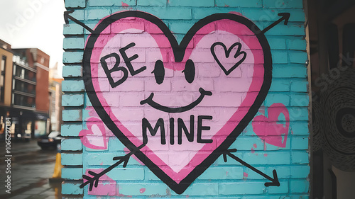 Brick wall with painted hearts in graffiti style.	