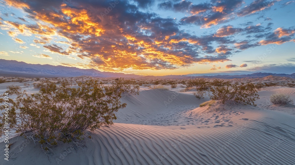 Fototapeta premium Soft colors fill the desert sky at sunset, with sand dunes casting shadows under a golden glow.