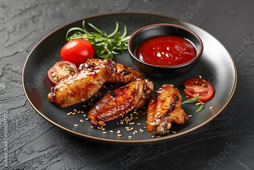 Teriyaki chicken wings with sesame seeds and cherry tomatoes.