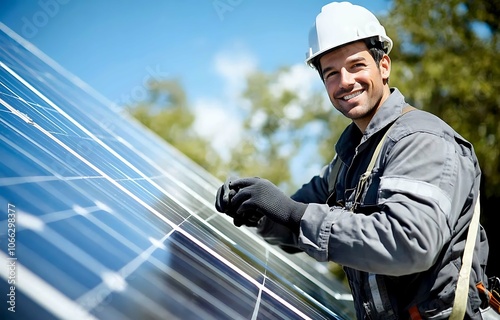 Portrait of a male worker installing solar panels on a solar farm photo