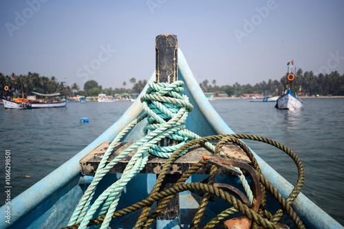 Amazing view from over long tail motor boat in Arabian sea in Goa, India, Ocean view from motor wooden boat photo