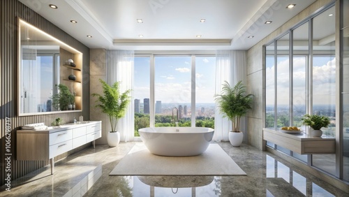 Elegant White Hotel Bathroom Interior Featuring a Luxurious Tub and Shower with Natural Light from a Window and a Stylish Mockup Wall for Modern Interior Design Inspiration