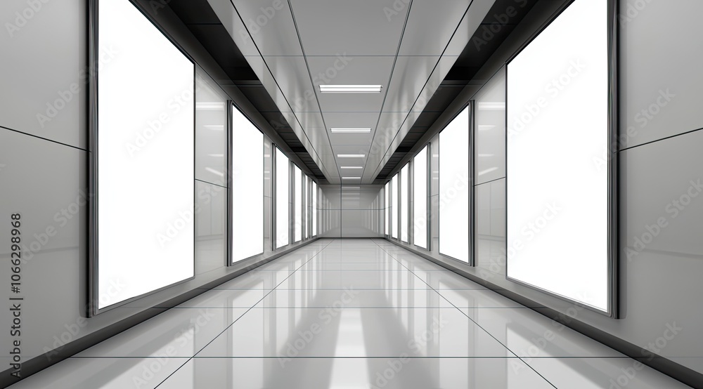 A large, empty hallway with white walls and white floors