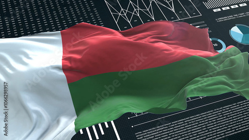 Madagascar flag - Waving flag on report analytics data statement photo