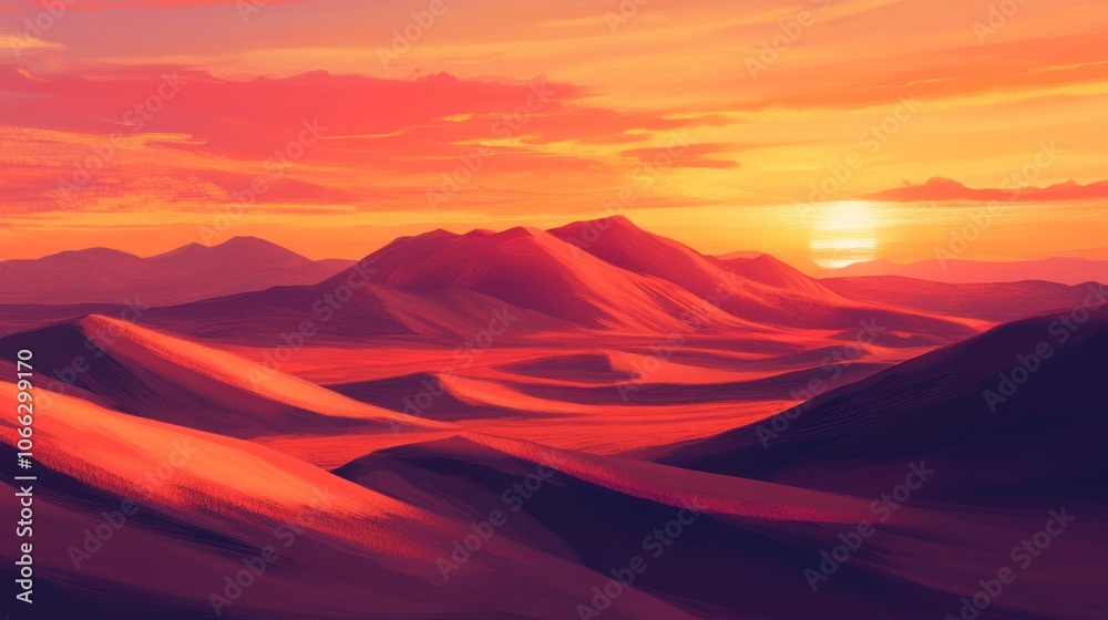 Sun dipping below desert dunes, the sky turning vibrant orange and pink with peaceful desert silence. Sun dipping below desert dunes, the sky turning vibrant orange and pink with peaceful desert silence.