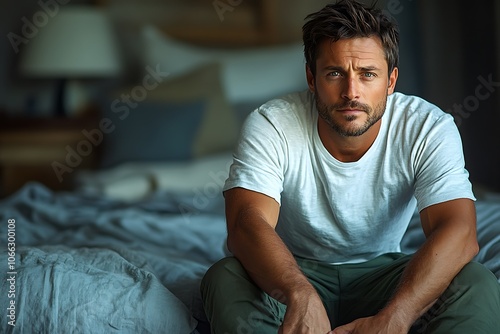 Thoughtful man sitting on bed, direct gaze. photo