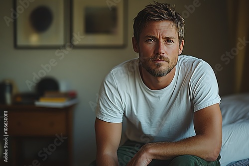 Thoughtful man sitting on bed, direct gaze. photo